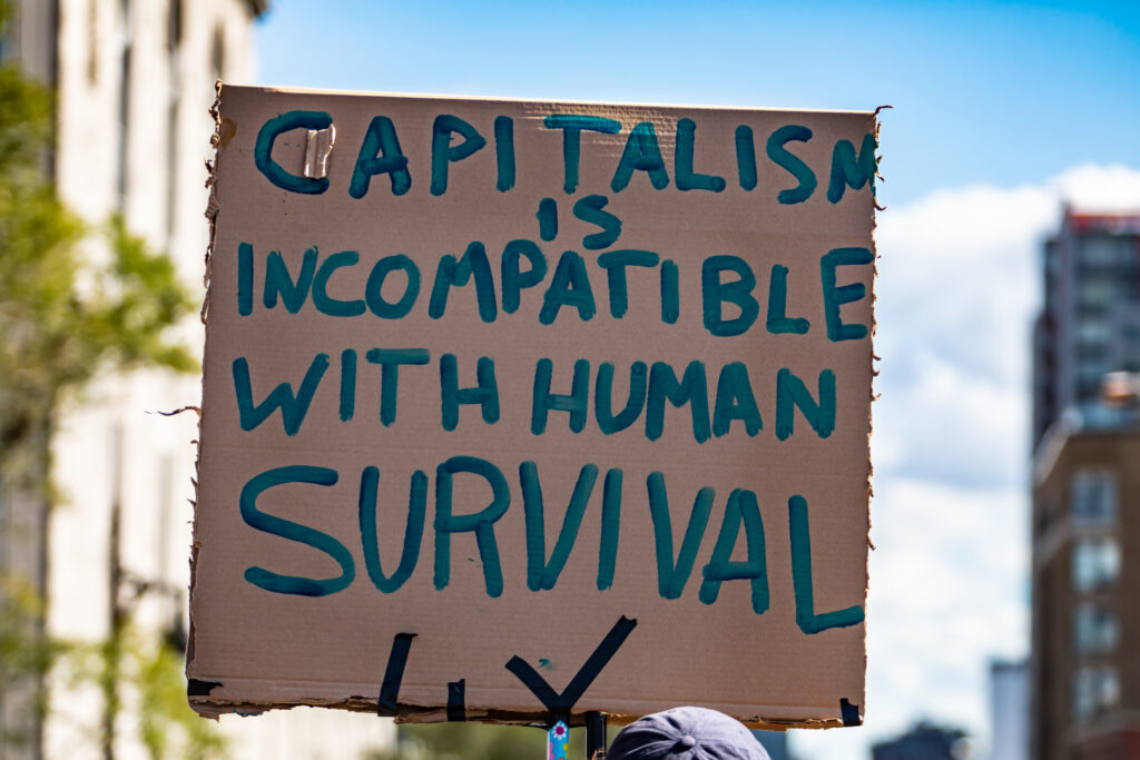 A close up shot of a cardboard sign saying capitalism is incompatible with human survival, as environmental activists stage a rally on a city street.